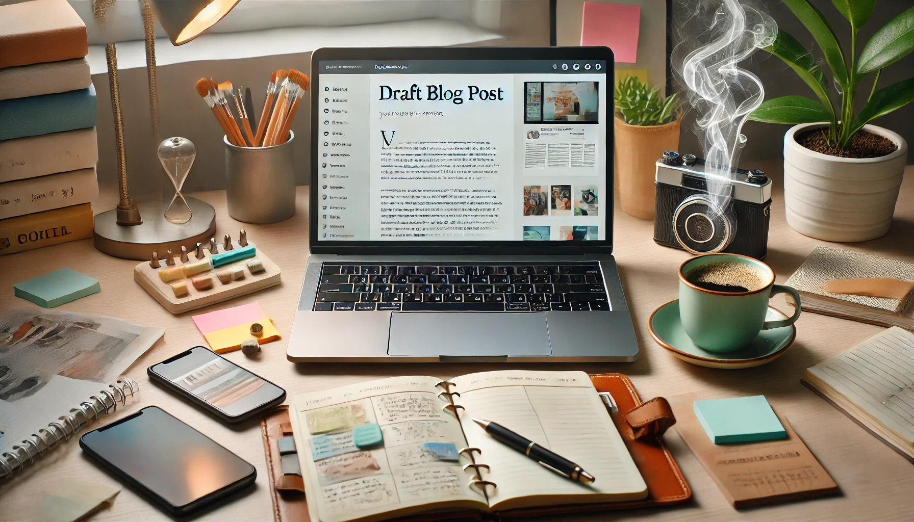 A modern, well-lit workspace featuring a laptop displaying a draft blog post on the screen, surrounded by tools of a solopreneur: a planner with handwritten notes, a smartphone, a steaming cup of coffee, and colorful sticky notes. The setting highlights productivity and creativity, emphasizing the importance of consistent content for small business growth.