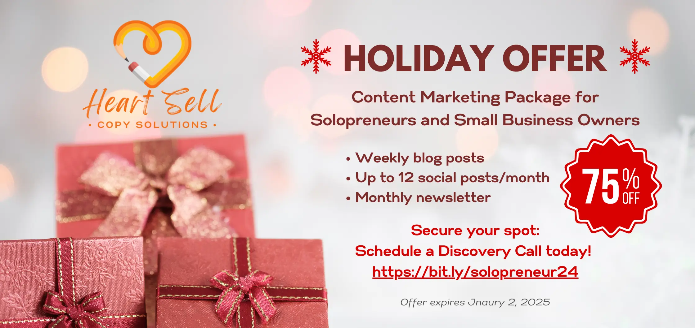 Image of gifts next to Holiday Offer details and link to schedule a free Discovery Call